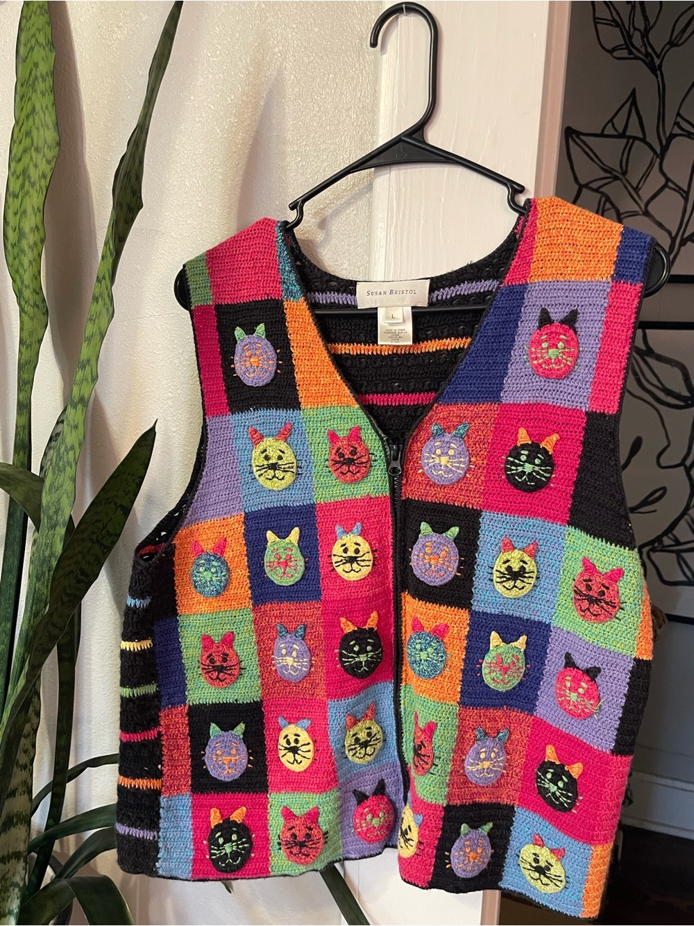 Vintage Susan Bristol Multicolor Cat Patchwork Hand Knit Vest